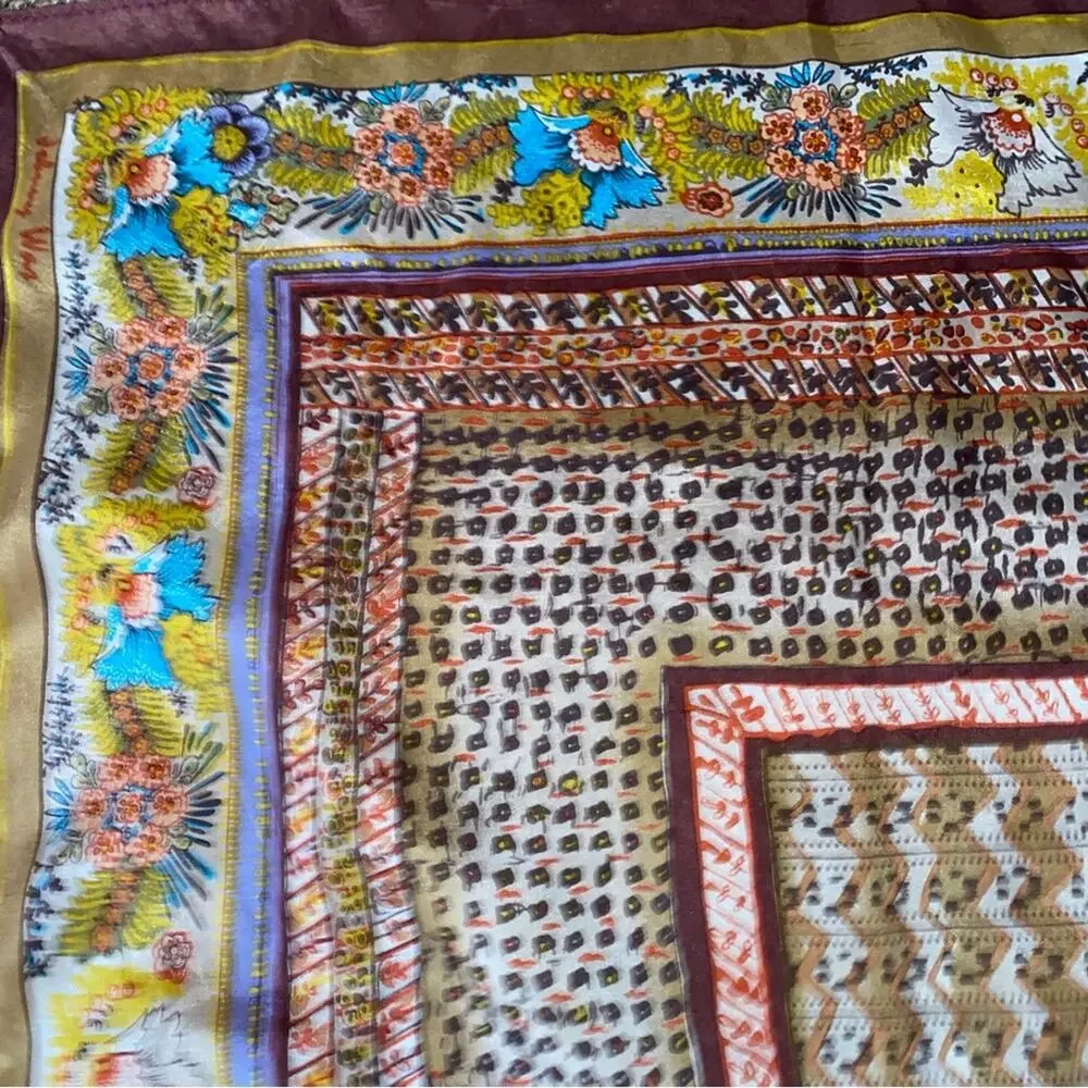 Johnny Was $110 Silk Boho Brown Gold Turquoise Block Print Tassel Scarf EUC